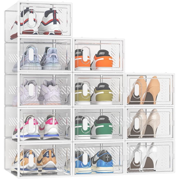12 Pack Clear Stackable Shoe Storage Boxes, Plastic Shoe Organizer with Front Door, Foldable Space-Saving Shoe Containers for Closet, Entryway & Bedroom, Fits Men Women Sneakers up to US Size 10