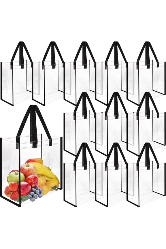 12 Pack Clear Tote Bags, Stadium Approved, Plastic Tote Bags with Handle, Transparent Plastic Tote Gift Bags for Work, Sports, Shopping, Beach, Concerts (12x12x6 Inch)