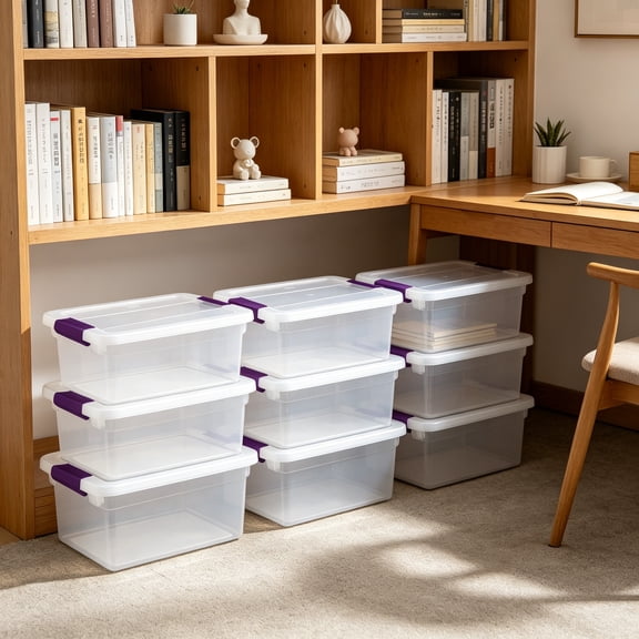12-Pack ClearView Latch Box, Stackable Organizer Bins with Lids, 15 Quart - Clear Plastic Organization Containers for Closet Bedroom Shelving Units and Home Office Storage