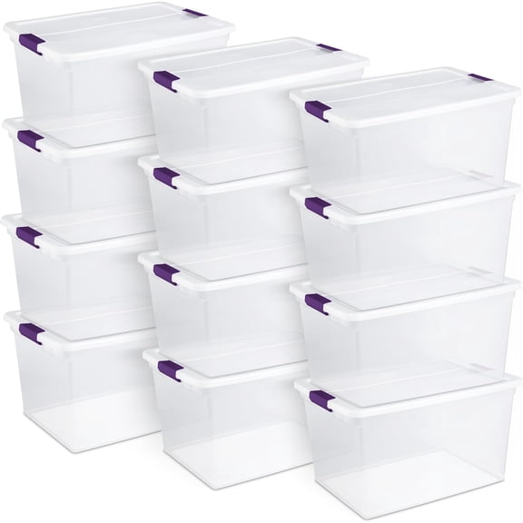 12-Pack ClearView Latch Box, Stackable Storage Organizer Bins for Home, 66 Quart
