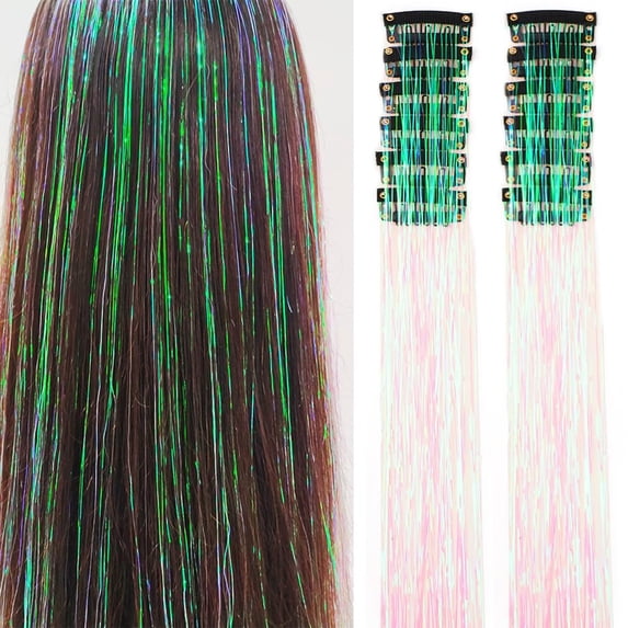 12-Pack Clip-In Hair Tinsel Extensions (20") - Colorful Glitter Strands for Women, Girls & Kids. Instant Party & Festival Glam! (Pearl White)