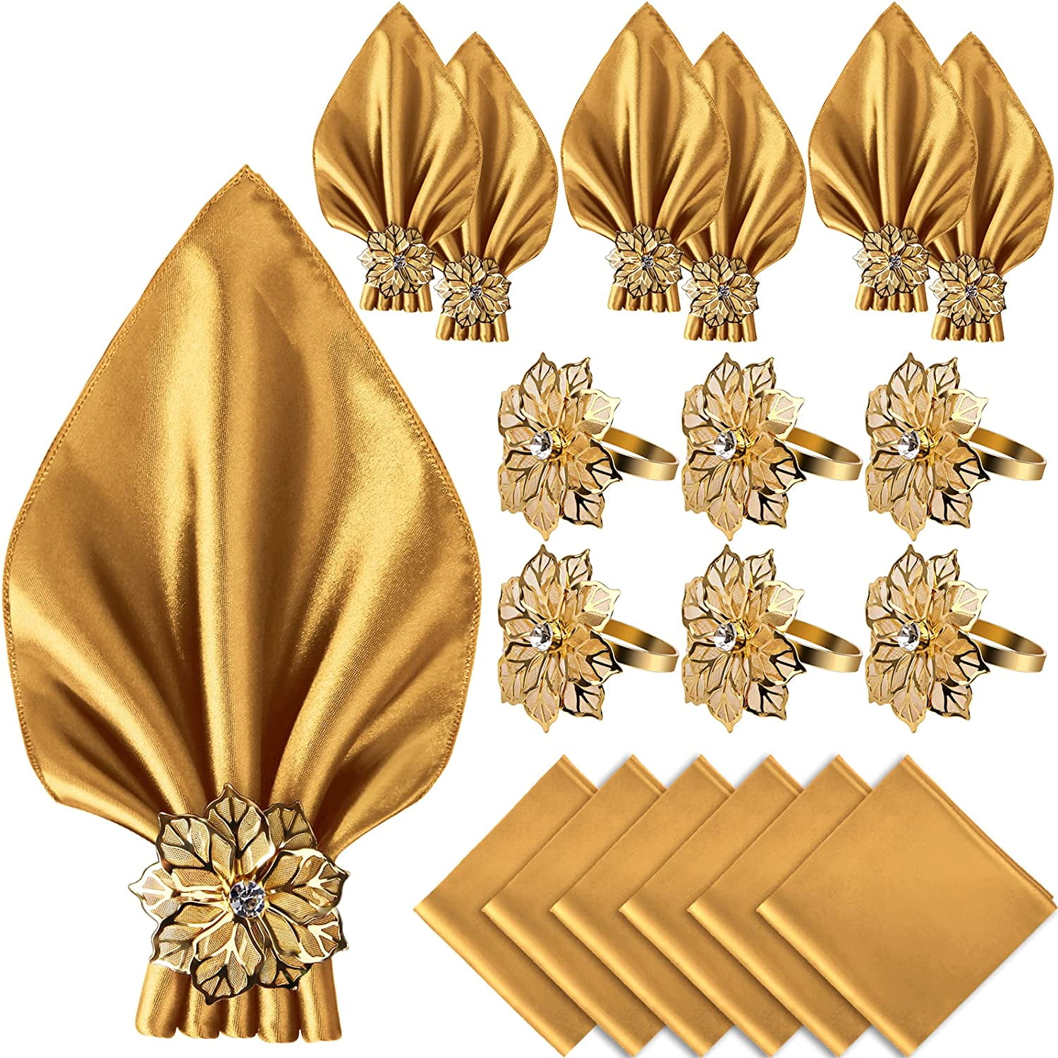 12 Pack Cloth Napkins and Gold Napkin Rings Set of 6, 17x17 Square ...
