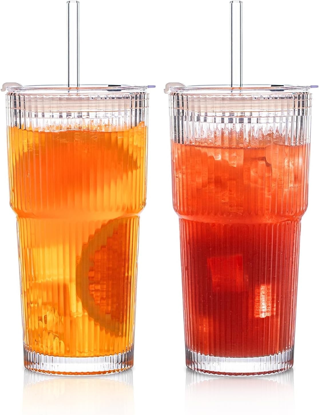 20 oz Ribbed Glass Tumblers with Lids and Glass Straws – 2-Piece Glassware Set, Heavy-Duty Tumblers, Ideal for Iced Coffee, Smoothies, Cocktails, and Juices – Elegant and Durable Drinkware - Walmart.com