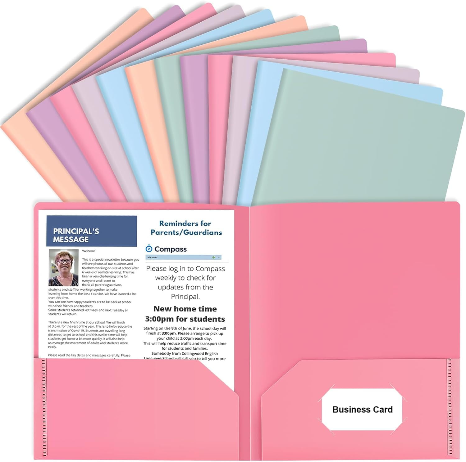 12 Pack Colored File Folders with Pockets and Business Card Holder, Pastel Decorative Pocket Folders for Documents, Cute Plastic Folders for Filing Cabinet, School, Office, Resume Portfolio