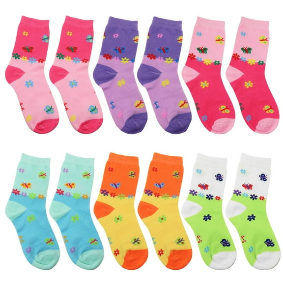 12-Pack Girls Cotton Crew Socks, Colorful Butterfly Pattern, Novelty Design for Toddlers and Children 4-6 Years