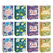12 Pack Colorful Floral Birthday Party Bags, Flower Themed Paper Goodie Bags with Handles
