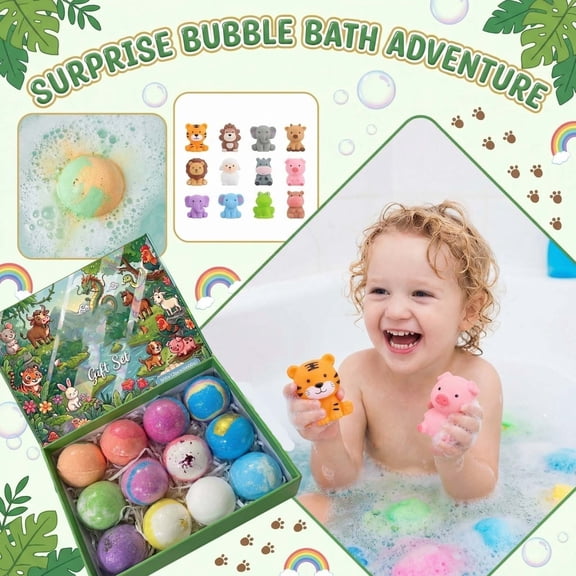 12 Pack Colorful Fun Hidden Toy Fizzing Bubble Bath Bombs Box, Kids Fun Bubble Bath Time Relaxing Bedtime Routine Prizes, Tear Free Natural Essential Oils Gentle Skin Care For Boys And Girls