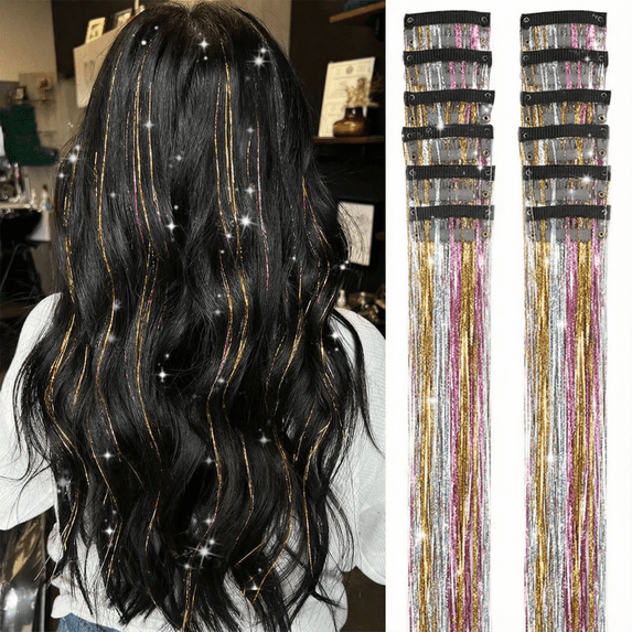 12-Pack Colorful Glitter Clip-In Hair Tinsel, 20 Inch Sparkle Hair Extensions for Women, Girls, Kids & Parties