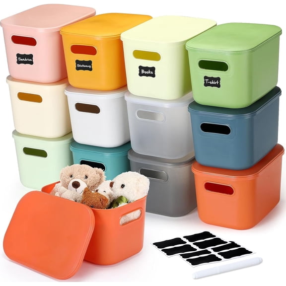 12 Pack Colorful Plastic Storage Bins with Lids 7 Quart Toy Storage Box Stackable Nestable Organizer Boxes with Handle and Labels for Classroom, Shelf, Bedroom, Desktop, Toys, School Supplies