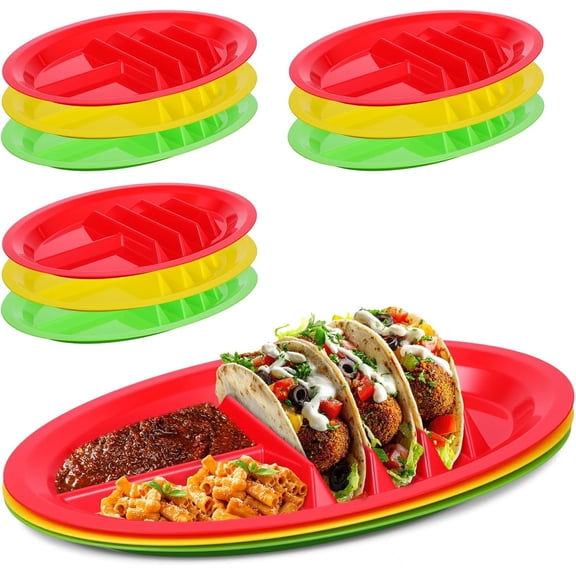 12 Pack Colorful Plastic Taco Plates Reusable Taco Holder with Dividers for 3 Tacos & 2 Dipping Areas, BPA-Free, Dishwasher & Microwave Safe (Red, Yellow, Green)