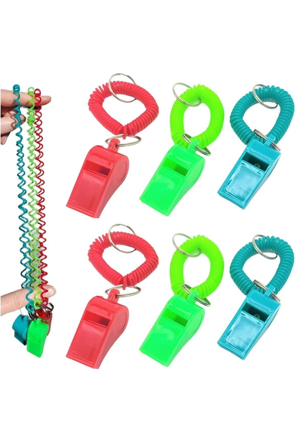 12 Pack- Colorful Whistle Keychain Coil Bracelets (Stretchable Coil. Fits All) Plastic. Metal Key Rings.
