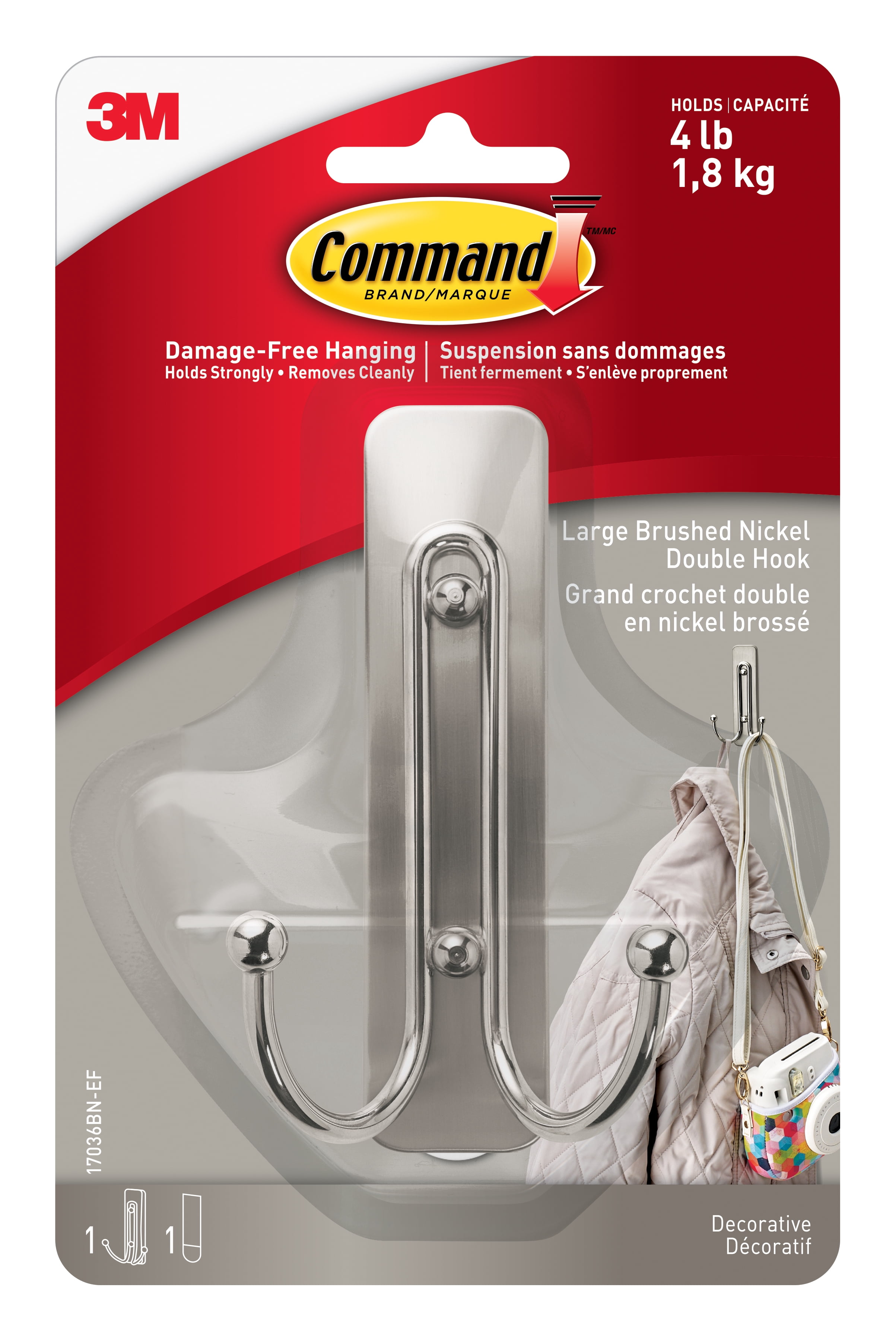 Command Brushed Nickel Decorative Double Hook, 12 Pack