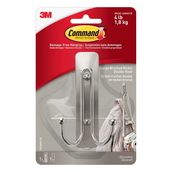Command Brushed Nickel Decorative Double Hook, 12 Pack