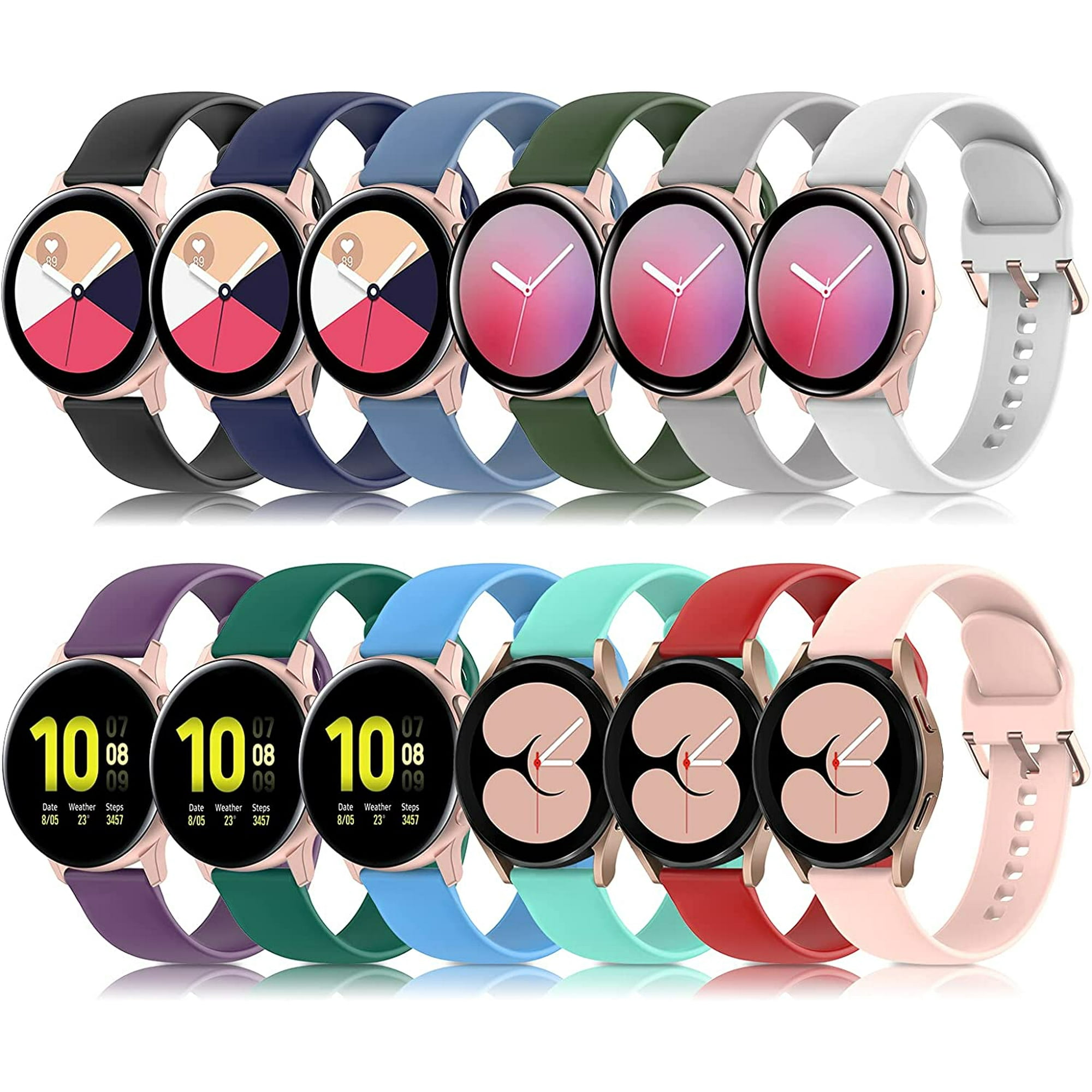 12 Samsung smartwatches with different colored bands