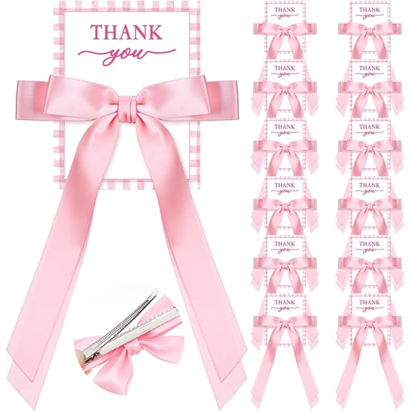 12 Pack Coquette Pink Bow Party Favors with Thank You Card Coquette Party Favors Satin Hair Bows Gift for Bachelorette Wedding Bridal Baby Shower Guests