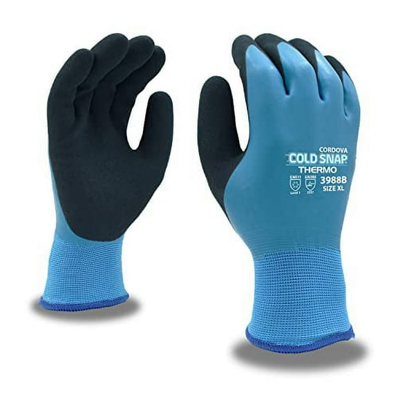 12-Pack of Cordova 3988BM Cold Snap Thermo Work Gloves, Two-Ply, Blue Polyester Shell, Brushed Acrylic Terry Lining, Blue Latex Full Coating, Gray Sandy Latex Palm Coating, Medium