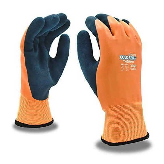 12-Pack of Cordova 3988L Cold Snap Thermo Work Gloves, Two-Ply, Orange Polyester Shell, Brushed Acrylic Terry Lining, Orange Latex Full Coating, Gray Sandy Latex Palm Coating, Large