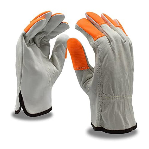 12-Pack of Cordova 8211HVXL Standard Grain Cowhide Driver Work Gloves, Unlined, Shirred Elastic Back, Orange Sewn Finger Tips, Keystone Thumb, X-Large