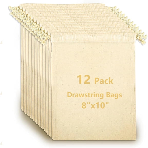 12 Pack Cotton Muslin Drawstring Bags 8X10 Inch, Reusable Cloth Bags for DIY Tie