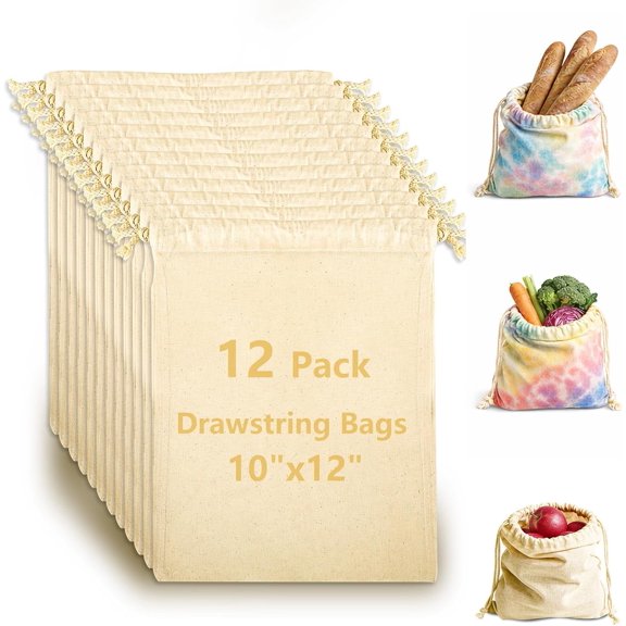 12 Pack Cotton Muslin Drawstring Bags – Reusable Cloth Bags for Storage, Produce & Bread Storage, Gift Packaging, DIY Crafts, Eco-Friendly & Lightweight (10x12 inch)