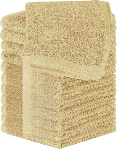 12 Pack Cotton Washcloths Set, 100% Ring Spun Cotton, Premium Flannel Face Cloths, Highly Absorbent and Soft Feel Fingertip Towels, Beige