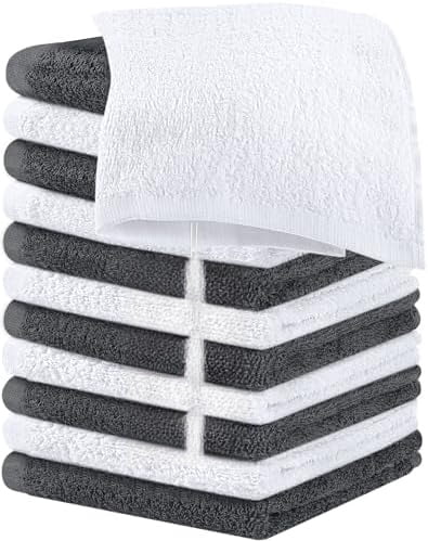 12 Pack Cotton Washcloths Set, 100% Ring Spun Cotton, Premium Flannel Face Cloths, Highly Absorbent and Soft Feel Fingertip Towels, Grey, White