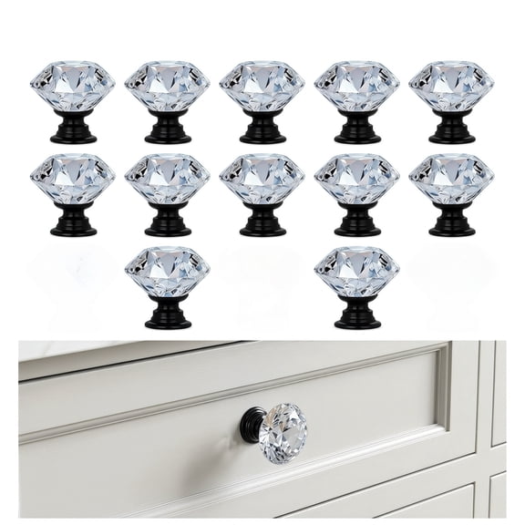 12 Pack Crystal Clear Glass Drawer Knobs, Silver Diamond Cabinet Pulls with Sturdy Aluminum Base, Unique Shaped Handles for Kitchen Cabinets, Dresser Drawers, Bathroom Vanity – 30mm