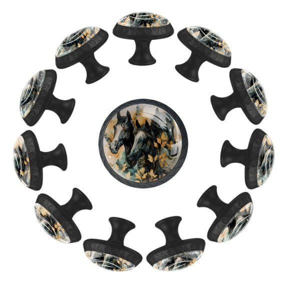 12 Pack Cupboard Knobs Crystal Clear Glass Cabinet Pulls, Round Knobs With Screws, Dresser Drawers Wardrobe Furniture Knobs Abstract Watercolor Leaves Gold Element Horses