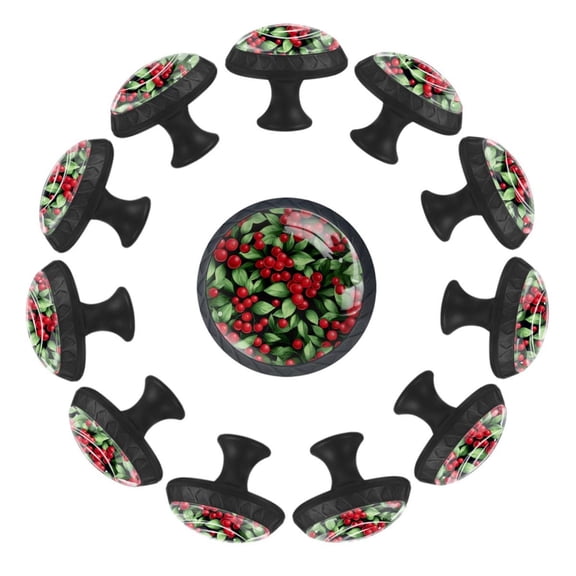 12 Pack Cupboard Knobs Crystal Clear Glass Cabinet Pulls, Round Knobs With Screws, Dresser Drawers Wardrobe Furniture Knobs Christmas Berries Green Leaves