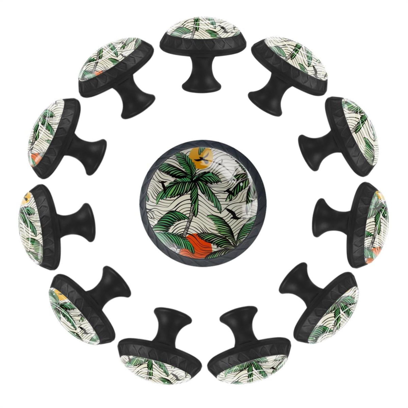 12 Pack Cupboard Knobs Crystal Clear Glass Cabinet Pulls, Round Knobs With Screws, Dresser Drawers Wardrobe Furniture Knobs Hand Drawn Palm Trees Ocean Waves Pattern