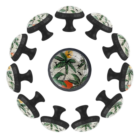 12 Pack Cupboard Knobs Crystal Clear Glass Cabinet Pulls, Round Knobs With Screws, Dresser Drawers Wardrobe Furniture Knobs Hand Drawn Palm Trees Ocean Waves Pattern