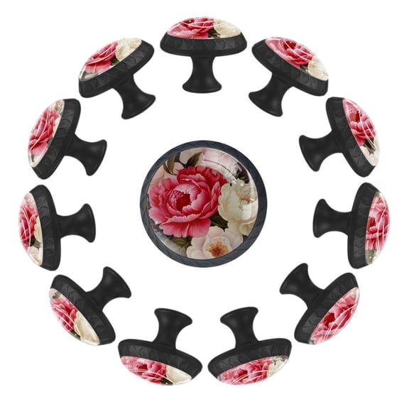 12 Pack Cupboard Knobs Crystal Clear Glass Cabinet Pulls, Round Knobs With Screws, Dresser Drawers Wardrobe Furniture Knobs Peony Flower Pink Floral Pattern