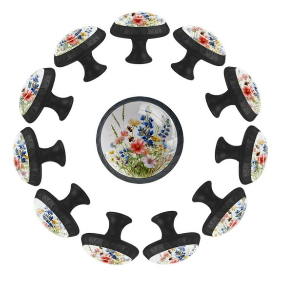 12 Pack Cupboard Knobs Crystal Clear Glass Cabinet Pulls, Round Knobs With Screws, Dresser Drawers Wardrobe Furniture Knobs Rustic Floral Colorful Blooming
