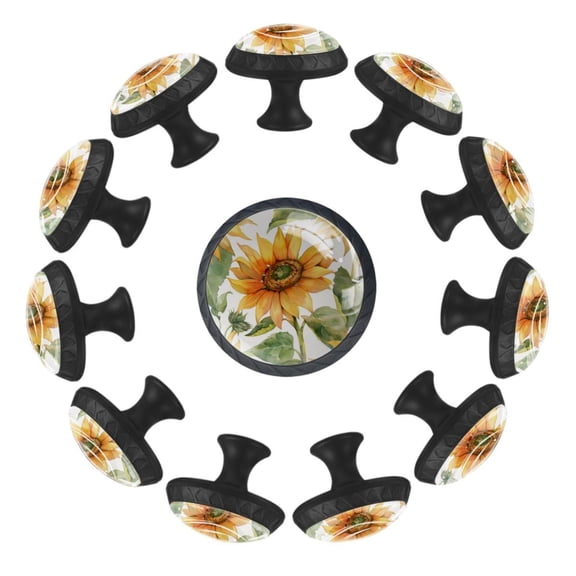 12 Pack Cupboard Knobs Crystal Clear Glass Cabinet Pulls, Round Knobs With Screws, Dresser Drawers Wardrobe Furniture Knobs Seamless Watercolor Pattern with Sunflowers