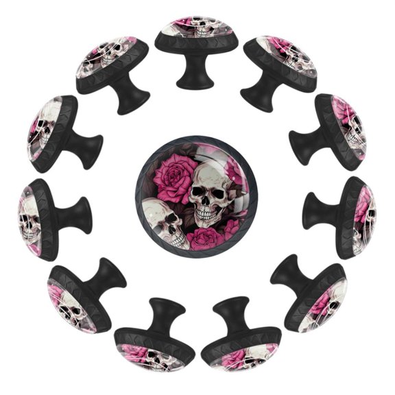 12 Pack Cupboard Knobs Crystal Clear Glass Cabinet Pulls, Round Knobs With Screws, Dresser Drawers Wardrobe Furniture Knobs Skull with Flowers Rose Pattern
