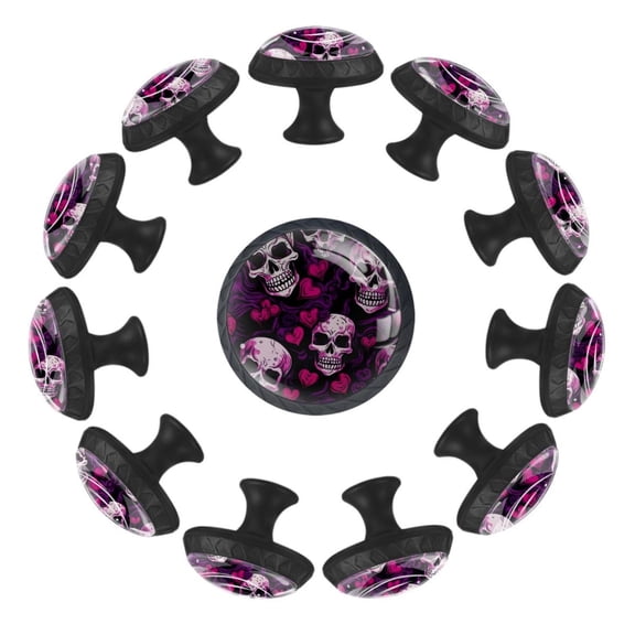 12 Pack Cupboard Knobs Crystal Clear Glass Cabinet Pulls, Round Knobs With Screws, Dresser Drawers Wardrobe Furniture Knobs Skull with Roses Art Pattern