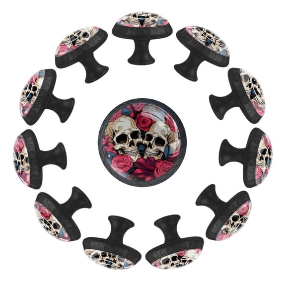 12 Pack Cupboard Knobs Crystal Clear Glass Cabinet Pulls, Round Knobs With Screws, Dresser Drawers Wardrobe Furniture Knobs Skull with Roses Art Pattern