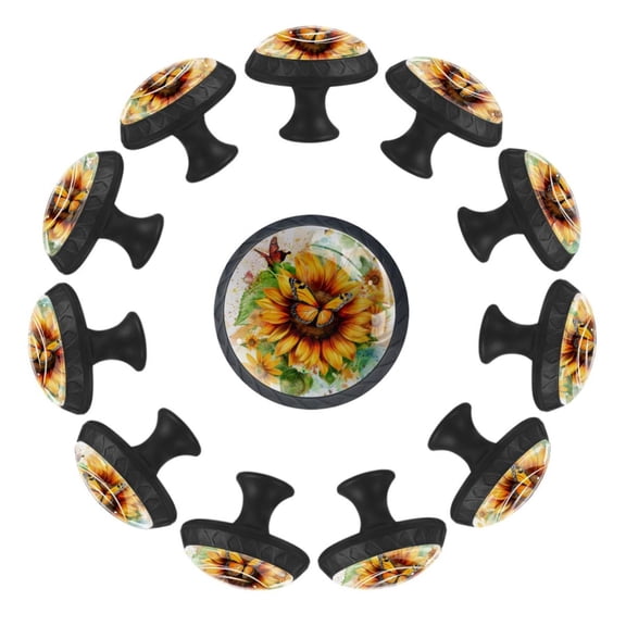 12 Pack Cupboard Knobs Crystal Clear Glass Cabinet Pulls, Round Knobs With Screws, Dresser Drawers Wardrobe Furniture Knobs Spring Sunflower Flower Butterfly