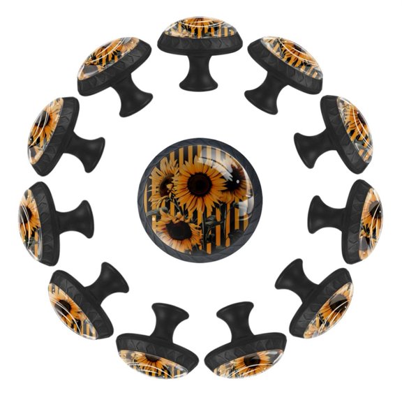 12 Pack Cupboard Knobs Crystal Clear Glass Cabinet Pulls, Round Knobs With Screws, Dresser Drawers Wardrobe Furniture Knobs Sunflowers with Black and Yellow Stripes