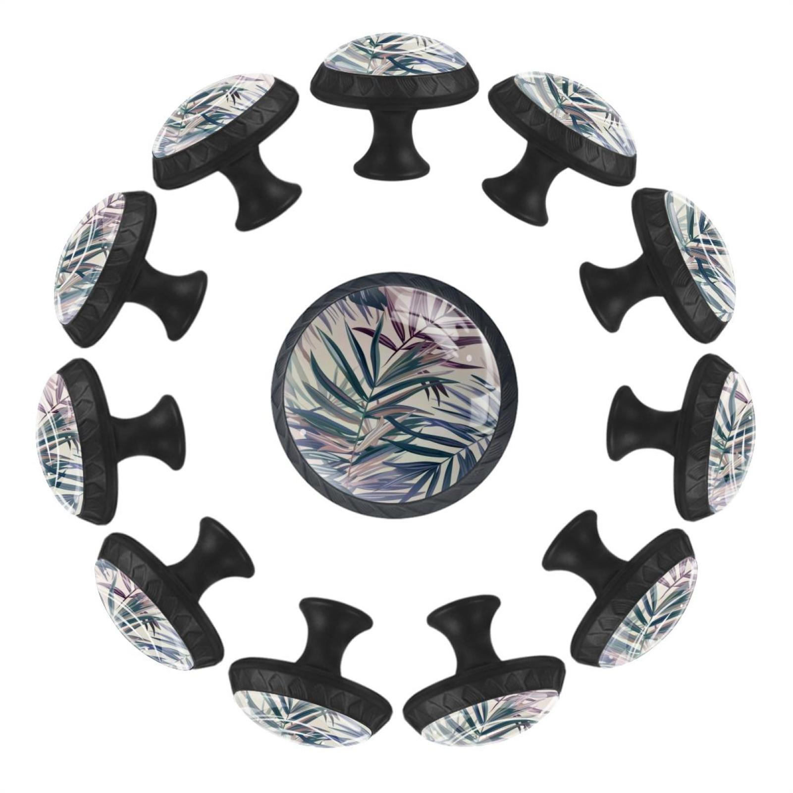 12 Pack Cupboard Knobs Crystal Clear Glass Cabinet Pulls, Round Knobs With Screws, Dresser Drawers Wardrobe Furniture Knobs Tropical Leaves in Pastel Colors