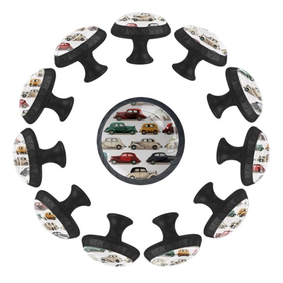 12 Pack Cupboard Knobs Crystal Clear Glass Cabinet Pulls, Round Knobs With Screws, Dresser Drawers Wardrobe Furniture Knobs Vintage Colorful Cars Seamless Pattern