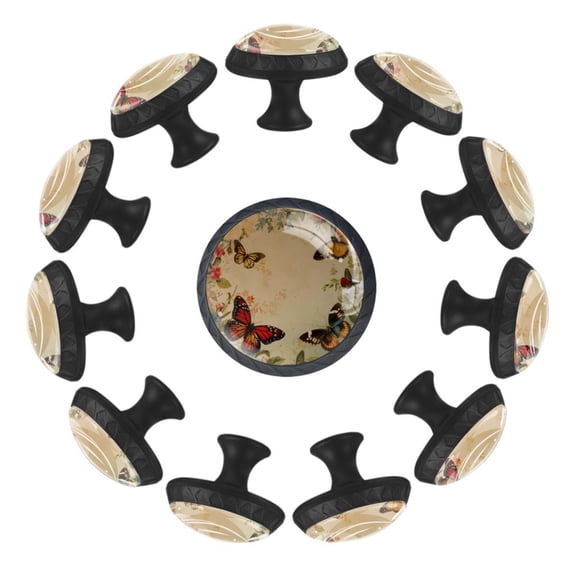 12 Pack Cupboard Knobs Crystal Clear Glass Cabinet Pulls, Round Knobs With Screws, Dresser Drawers Wardrobe Furniture Knobs Vintage Floral Plant Butterflies Pattern