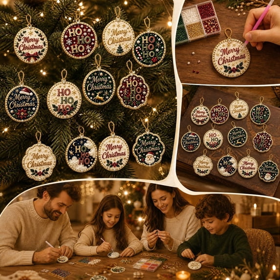 12 Pack DIY Christmas Bead Art Kit, Ho Ho Ho Ornament Craft Set, Rhinestone Hanging Decoration for Christmas Tree, Holiday Gift
