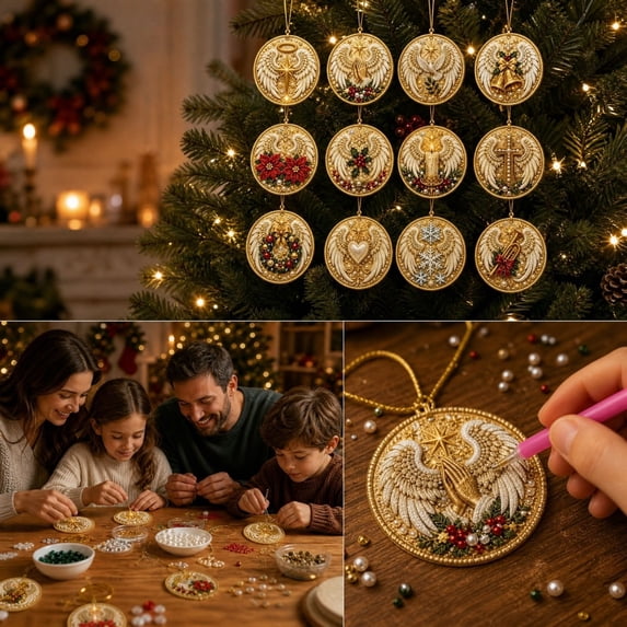 12-Pack DIY Wood Diamond Painting Christmas Ornament Kit,Hanging Tree Decor Holiday Handmade Craft Set