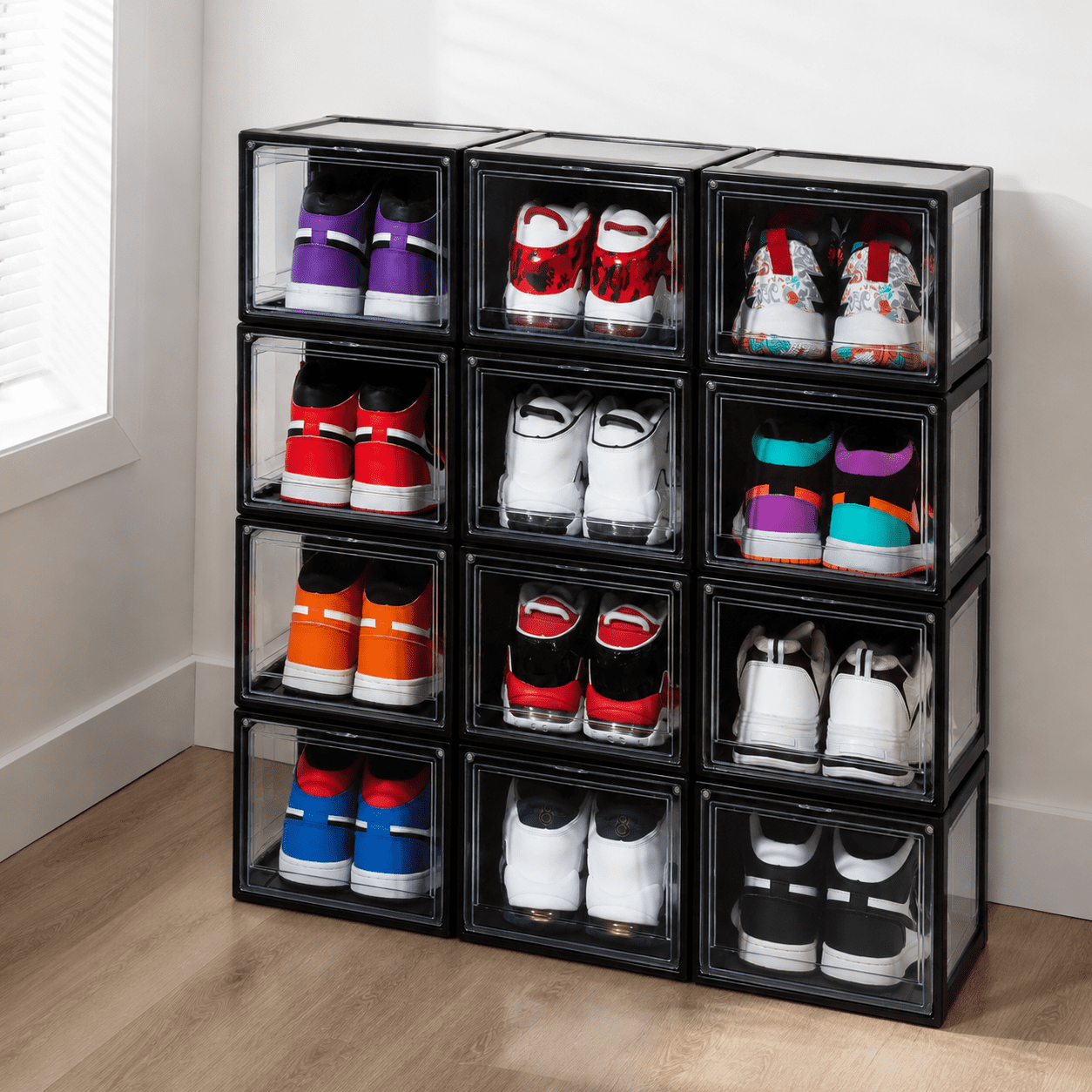 Packing Box Measurements 12 Pack Dark Black Plastic Stackable Shoe Storage Boxes, Foldable Drop ...