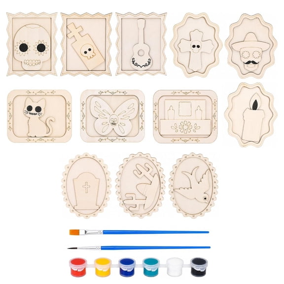 12 Pack Day of the Dead DIY Wooden Craft Kit, Skull Frame Wood Craft Decor | Unfinished Dia De Los Muertos Painting Crafts with Paint Colors and Brush for Home Decor Halloween Party Favors