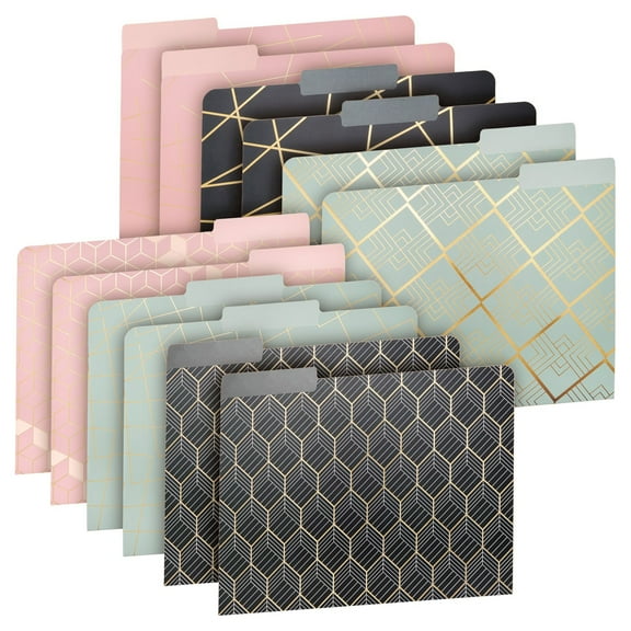 12 Pack Decorative File Folders with Gold Foil Geometrical Accents, 1/3 Cut Tab, for Office, Letter Size (11.5 x 9.5 In)