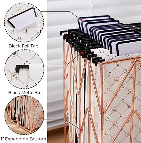 12 Pack Decorative Hanging File Folders Letter Size Rose Gold File Folder Pretty Hanging Folder Organizer for Filing Cabinet Office Home with 1/5-Cut Adjustable Tabs, 3 Black Foil Design