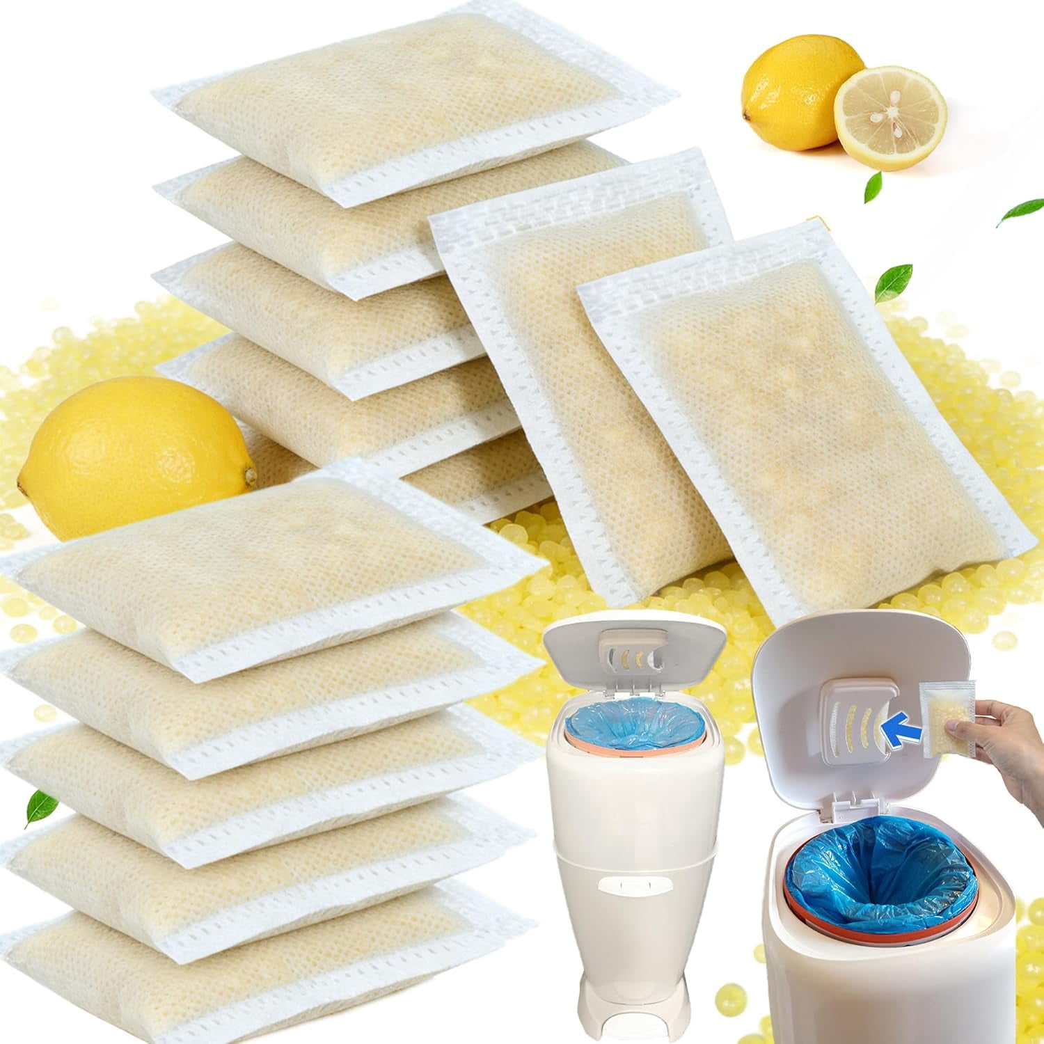 12 Pack Diaper Pail Deodorizer for Diaper Genie Complete Pail and Expressions Pail, Activated Charcoal Filters Replacement, Lemon Scent Activated Carbon Odor Eliminator Refill