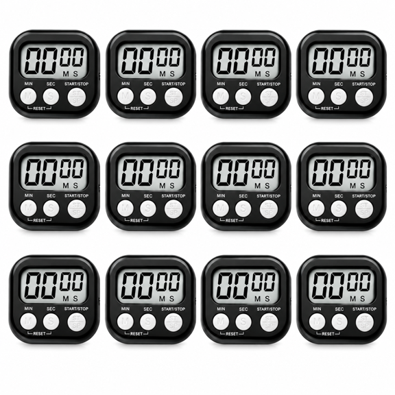 12 Pack Digital Kitchen Timer Large LCD Display Loud Alarm Strong Magnetic Stand, Minute Seconds Count Up Countdown and Simple Operation Timers for Cooking, Bathroom, Teacher, Classroom - Black
